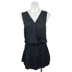 Fab'rik Black Sleeveless V-neck Faux Wrap Smocked Blouson A-Line Mini Dress L